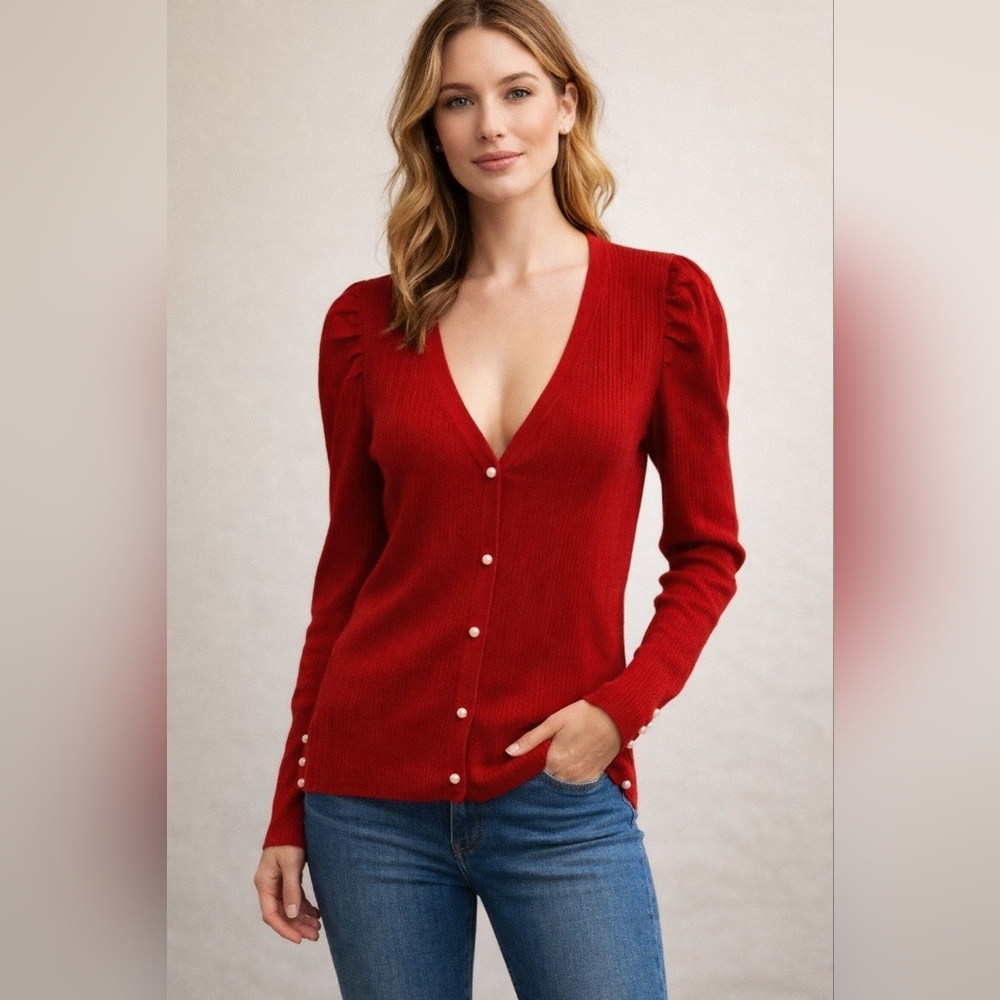 NWT INC International Ribbed Red Cardigan with Pearl Buttons Front and Cuffs
